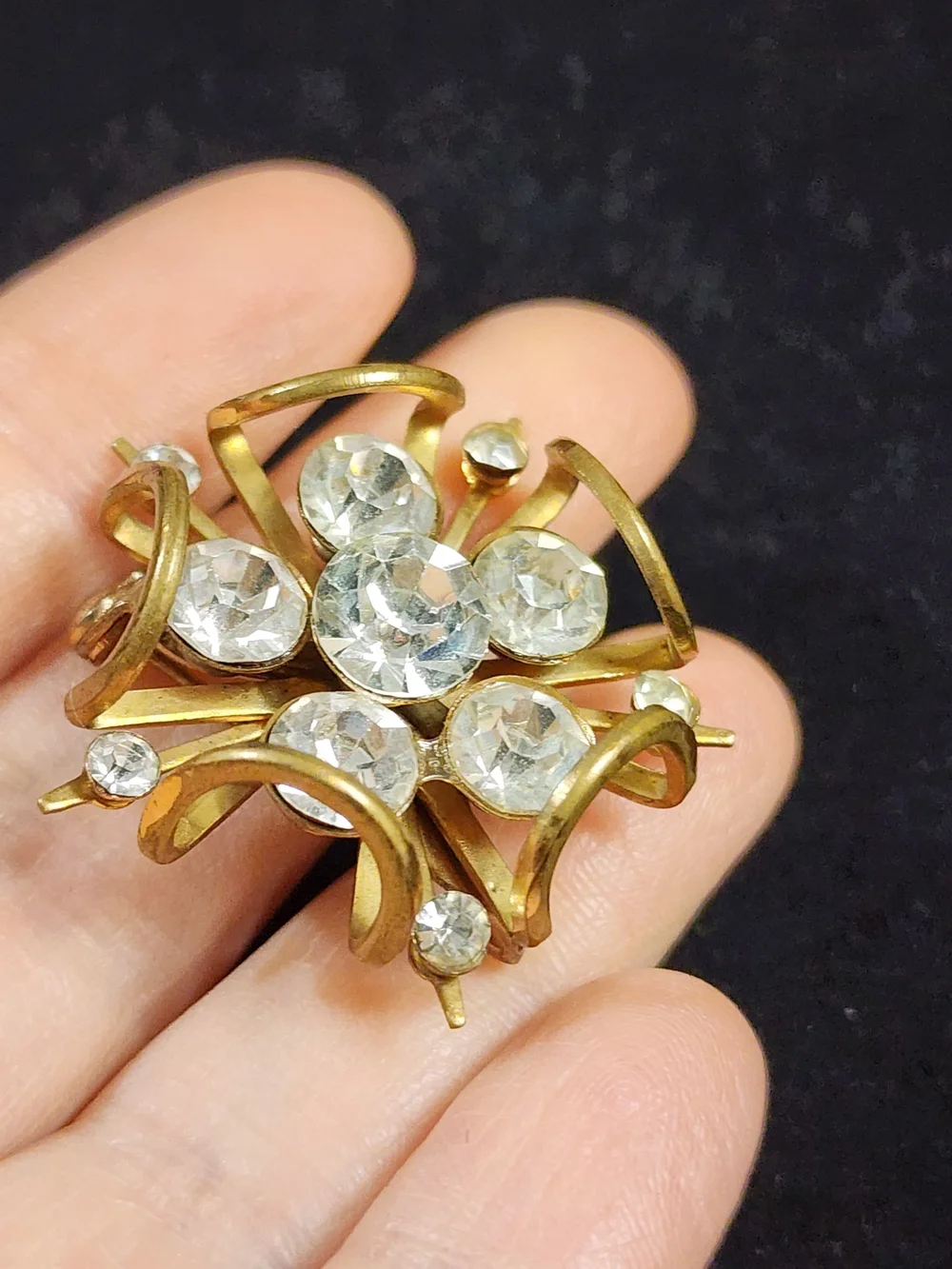Vintage 60s Rhinestone Filigree Brooch Gold Tone Atomic Starburst Statement Pin